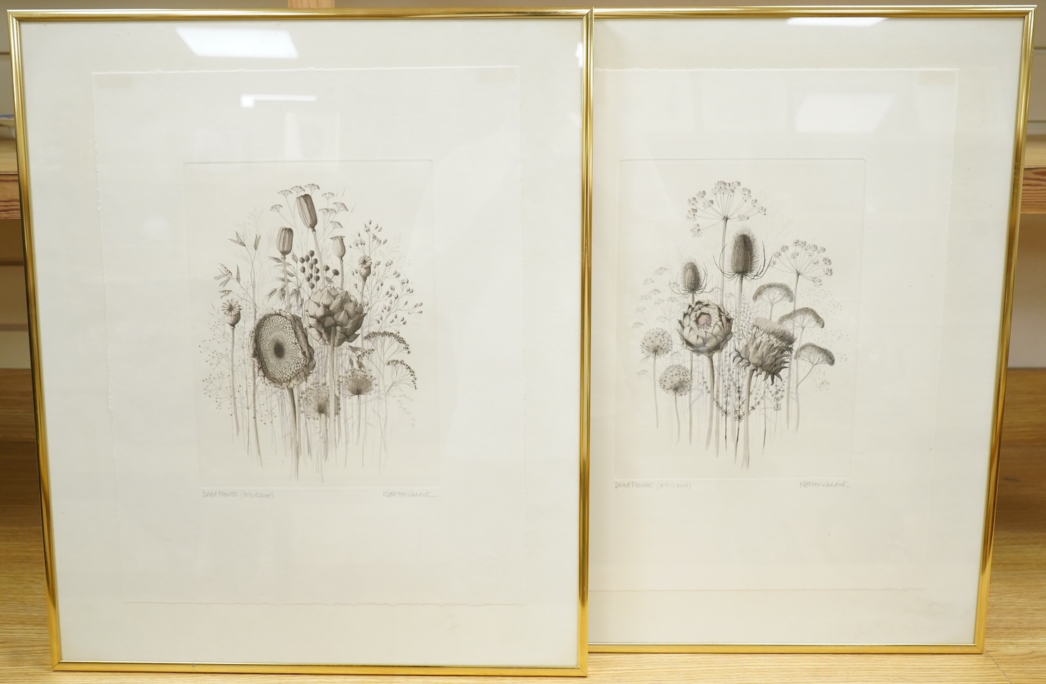 Kathleen Caddick (b.1937), ‘Dried Flowers’, pair of artist proof etchings, each signed in pencil, 49 x 37cm